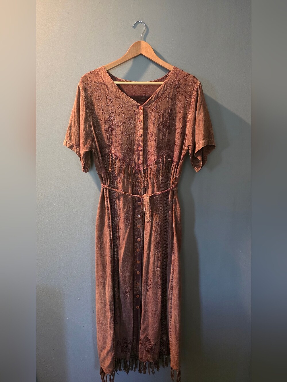 Vintage 90s Embroidered Button Up Midi Dress Western Crochet Fringe Boho Prairie